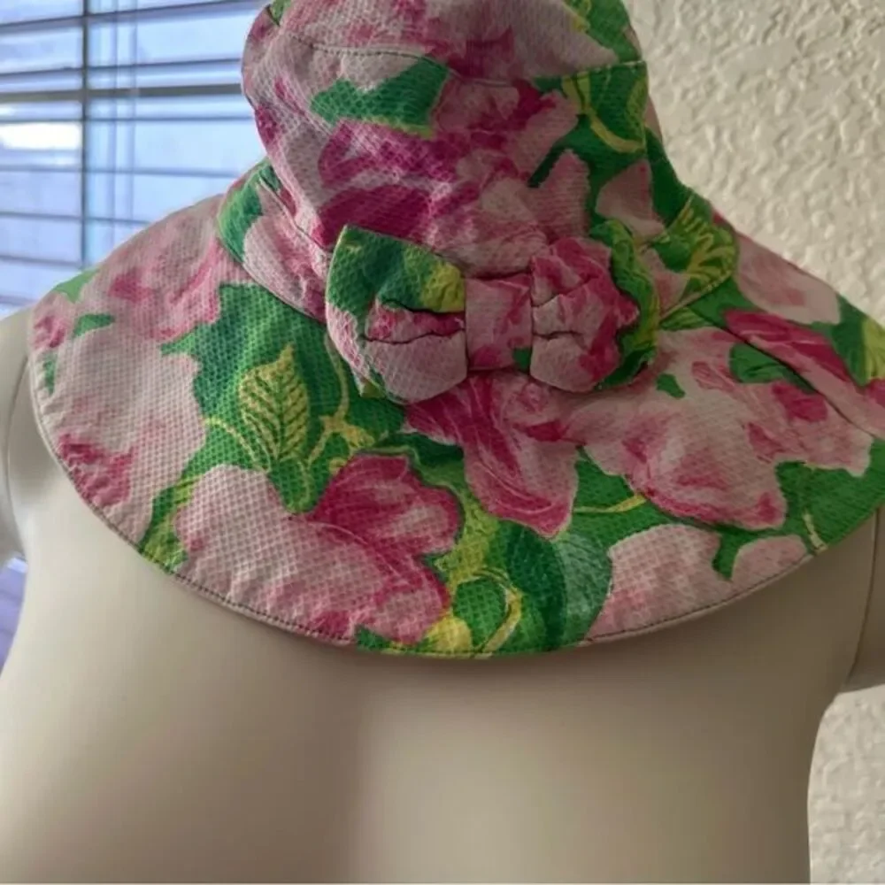Janie and Jack Sun‎ Hat Girls 4-5 Pink Floral Seersucker Bow Summer